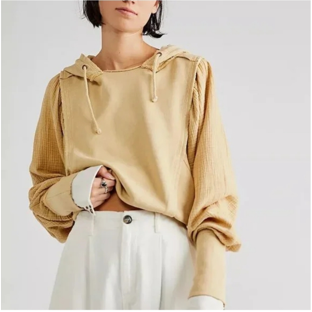 Free People Love Letter Hoodie Slouchy Cropped Fit RawTrim Guaze Size XS/S Boho